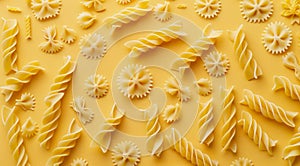 Assorted types of uncooked pasta on yellow background, top view.